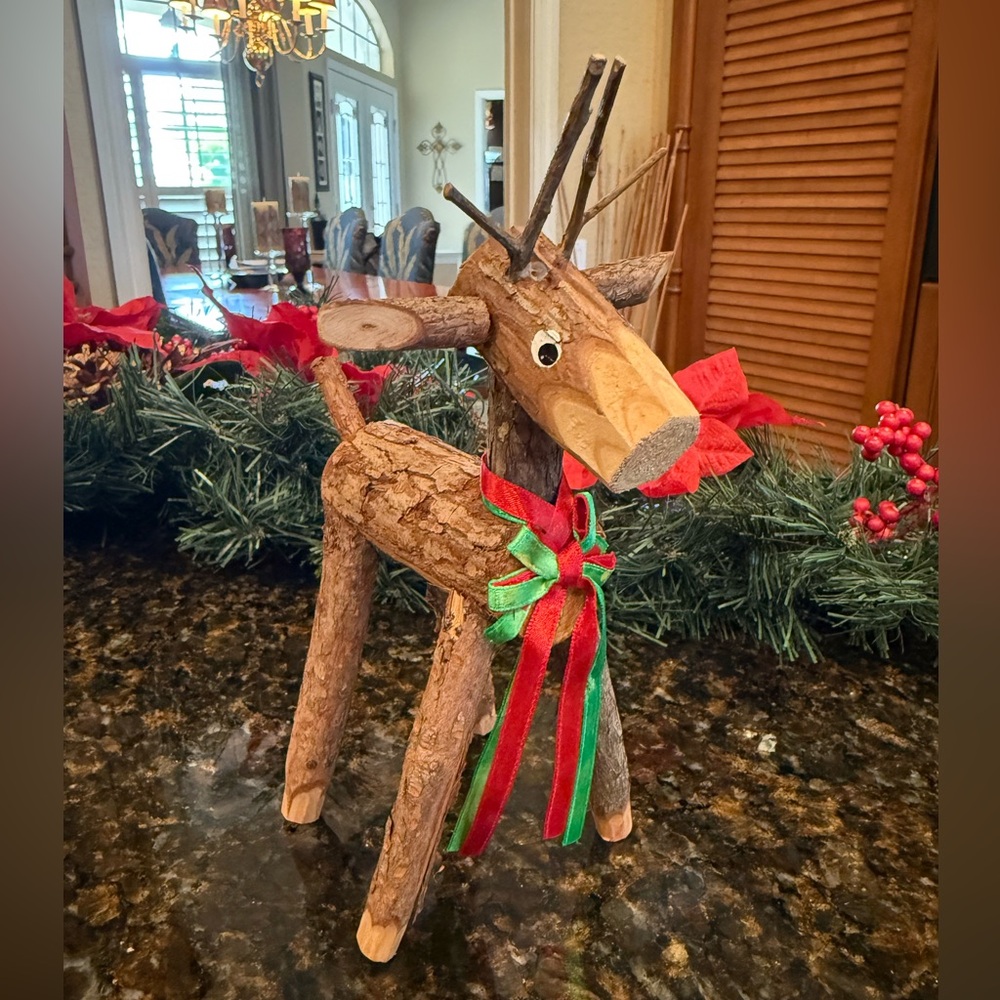 Vintage Rustic Wood Reindeer with Red and Green Ribbon